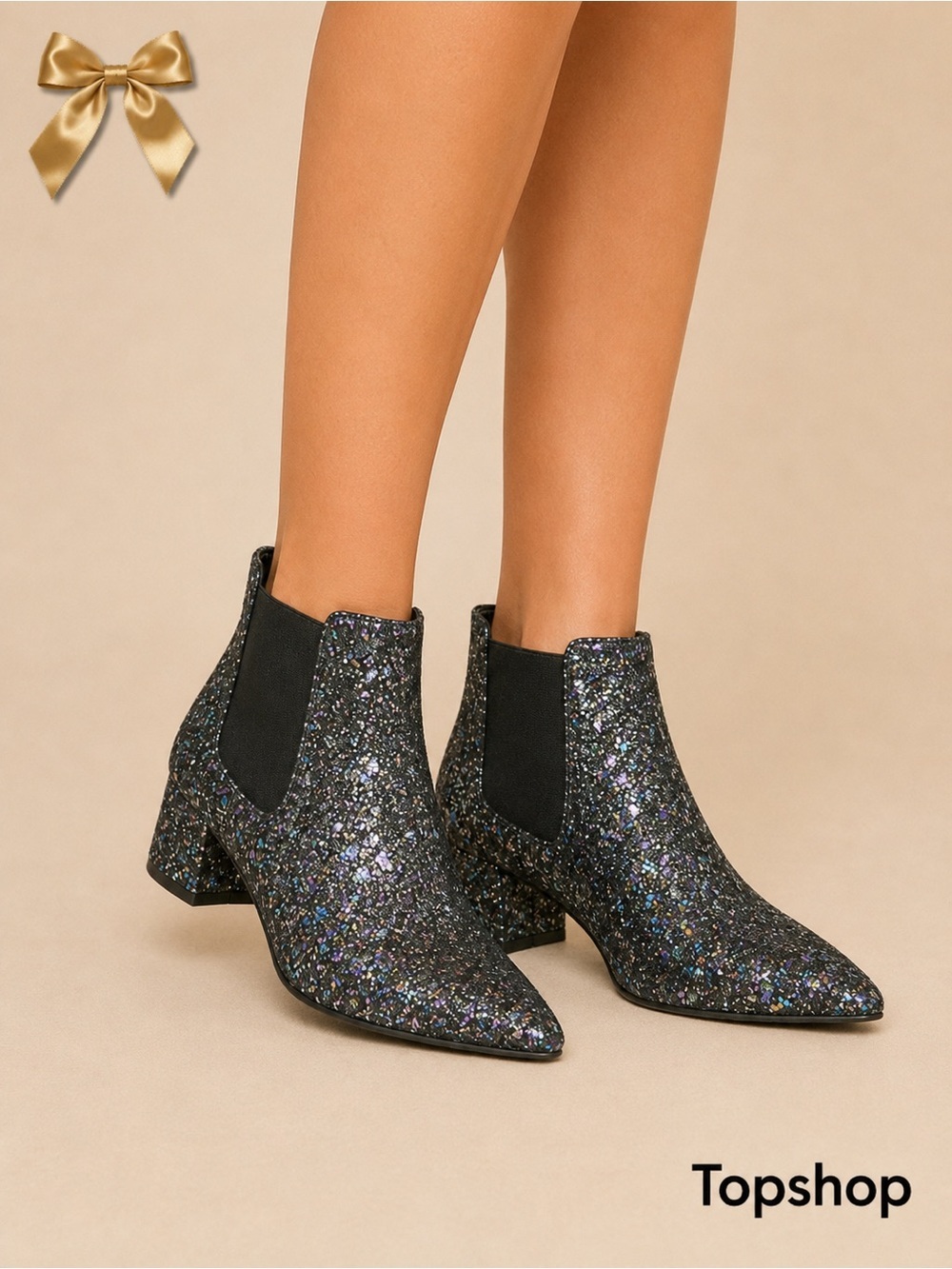 Topshop Glitter Chelsea Ankle Boots Block Heel Size 6